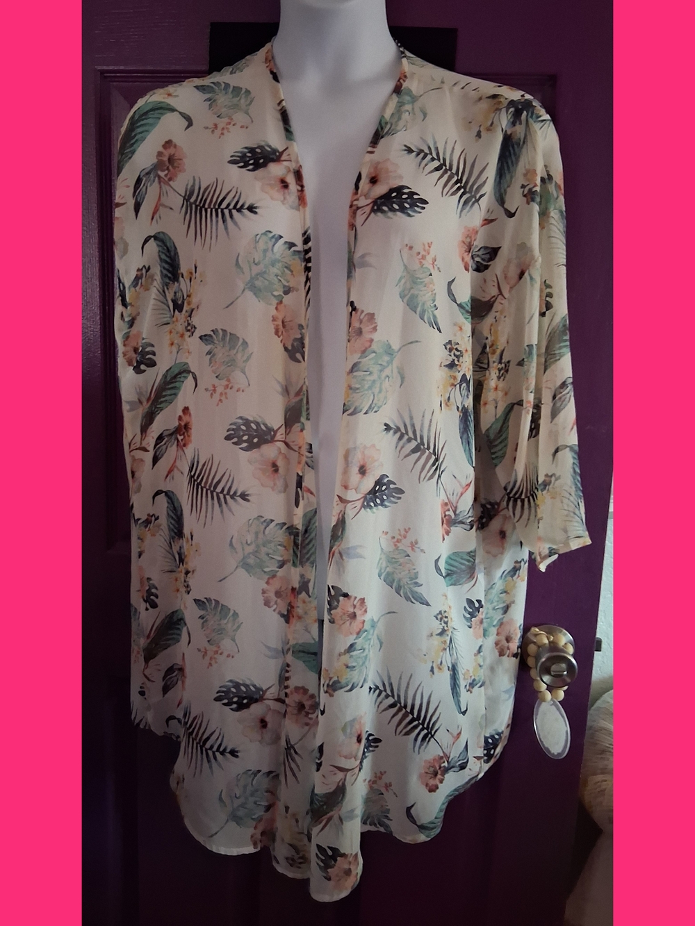 Lightweight Floral Tropical Kimono Cardigan - Cream & Teal